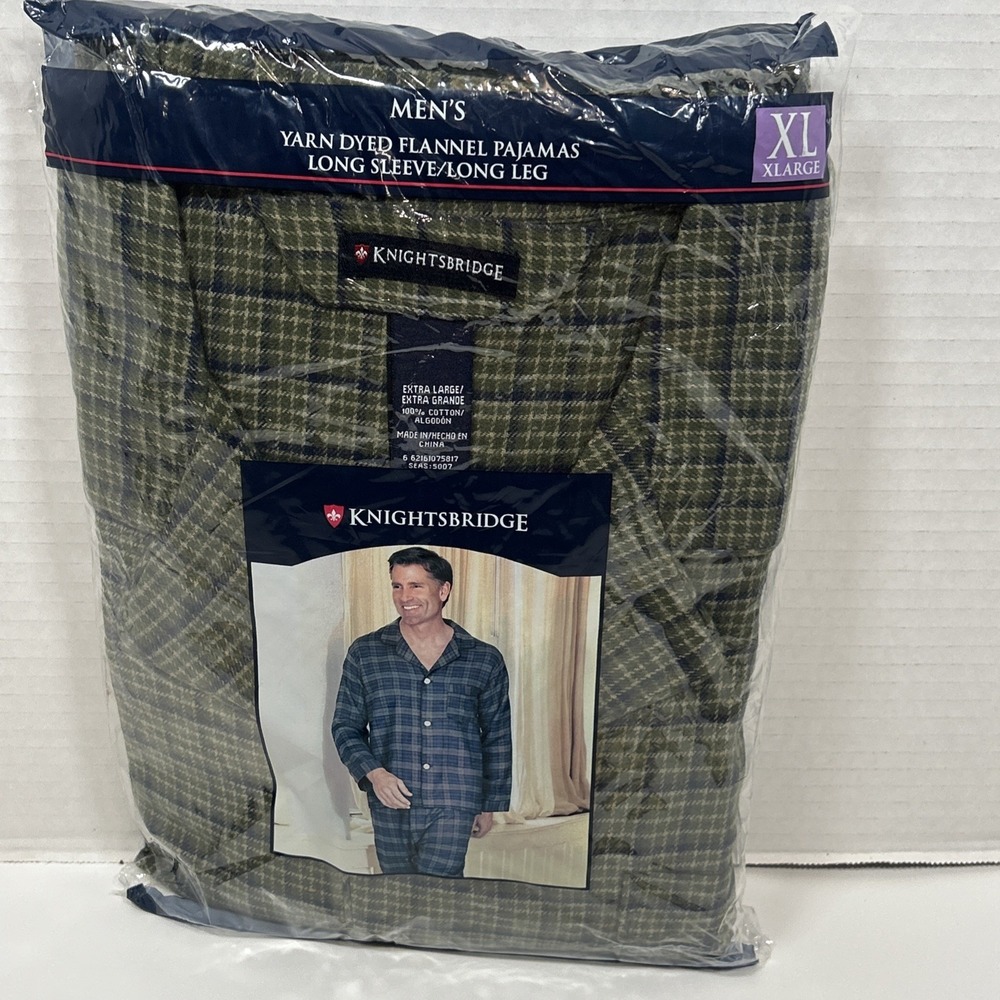 Vintage Knightsbridge Mens Flannel Long Sleeve Pajamas Green L K-Mart NEW